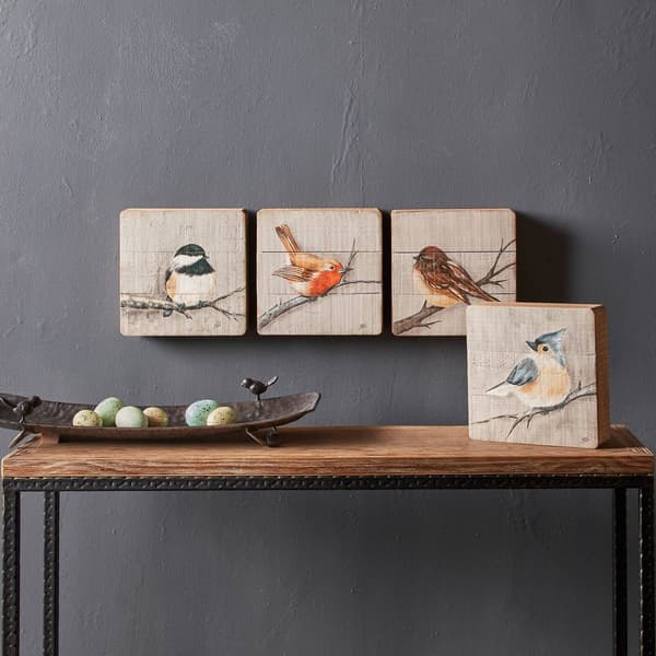 Melrose Rustic Wood Bird Plaque - Set of 4