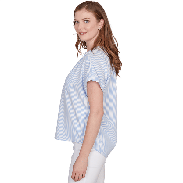 Petite Hearts of Palm Aqua Fresh Short Sleeve Stripe Blouse