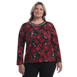 Plus Size Rafaella(R) Long Sleeve Embellished Neck Floral Blouse