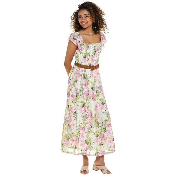 Juniors Wallflower Flutter Sleeve Smock Bodice Belted Maxi Dress