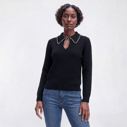 Womens Nicole Miller Long Sleeve Solid Beaded Trim Collar Sweater - image 