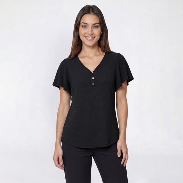 Womens Anne Klein Ruffle Sleeve Pucker Knit Button Front Blouse - image 