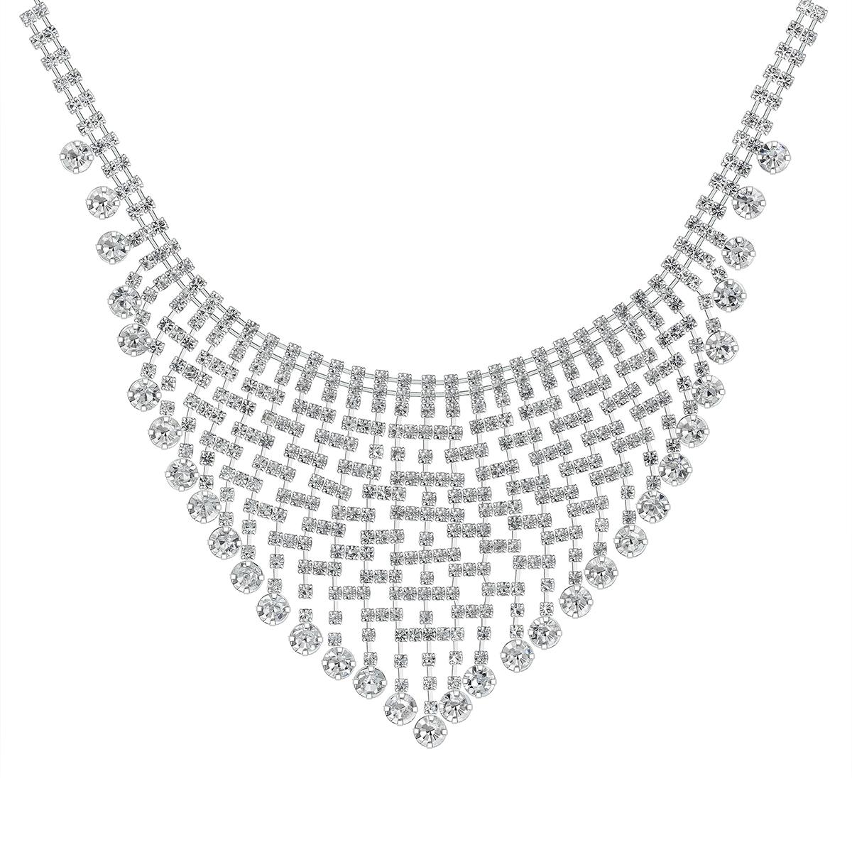 Roman Silver-Tone Crystal Cup Chain Collar Bib Necklace