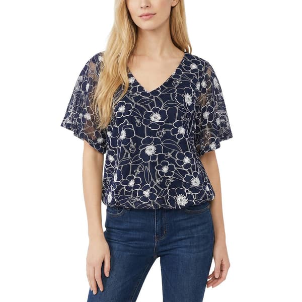 Petite NY Collection Short Flutter Sleeve V Neck Floral Blouse - image 