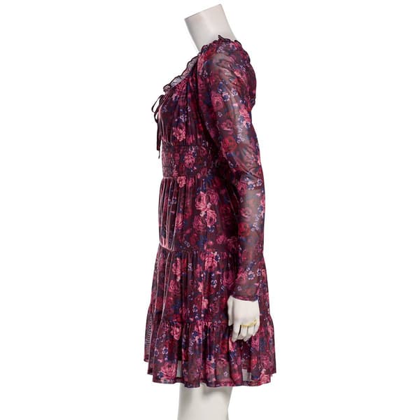 Juniors Jolt Long Sleeve Floral Smock Waist A-Line Dress