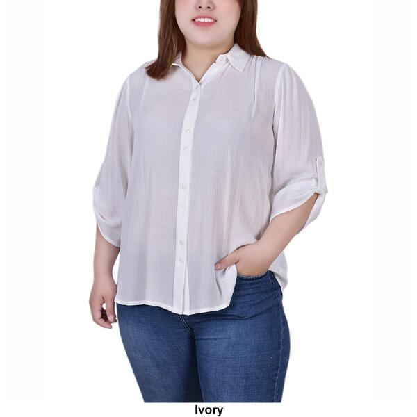 Plus Size NY Collection Casual Button Down 3/4 Roll Tab Blouse