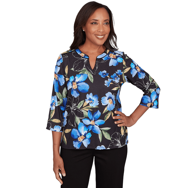 Petites Alfred Dunner Barcelona Watercolor Floral Velvet Trim Top - image 