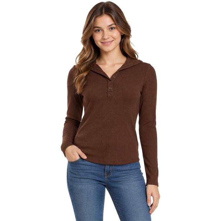 Juniors Wallflower Long Sleeve Manchester Henley Top- Coffee