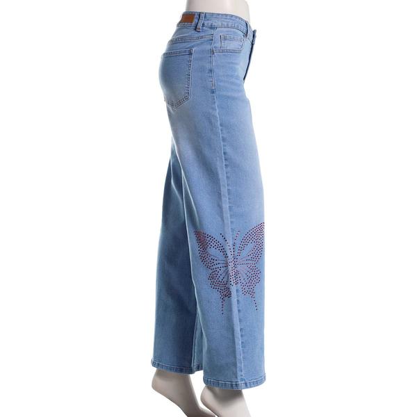 Juniors No Comment Pressed Rhinestone Mid Rise Wide Leg Jeans