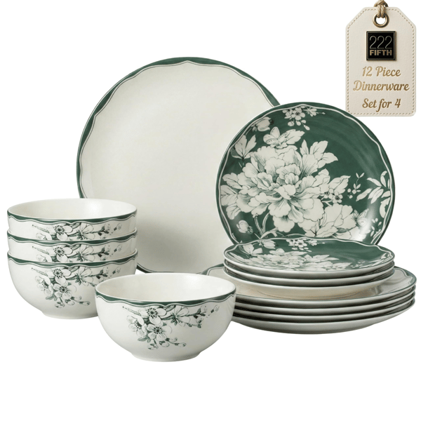 222 Fifth Brittany Stoneware Dinnerware Set 12pc. Sage Floral