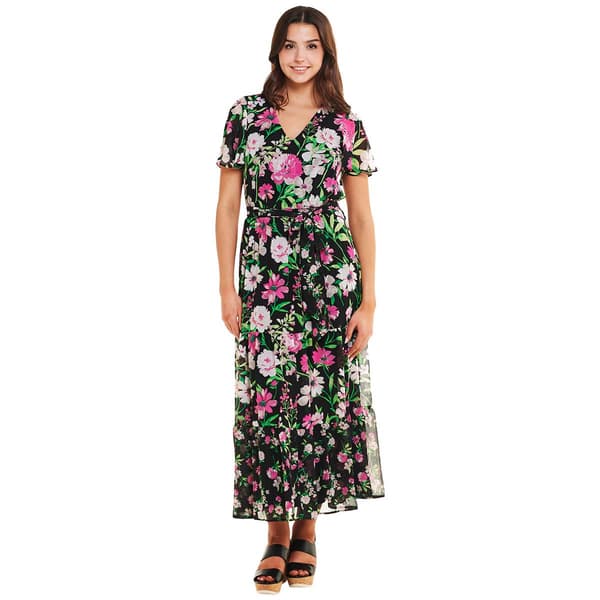Plus Size Kasper Short Flutter Sleeve Floral Tiered Dress