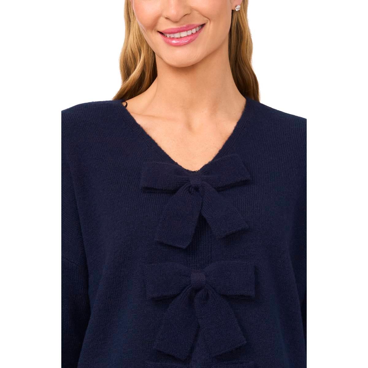 Womens Cece Long Sleeve V-Neck Front Bow Sweater