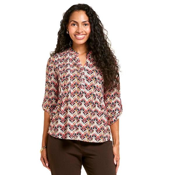 Petite Notations 3/4 Sleeve Feather Pleated Henley Blouse - image 