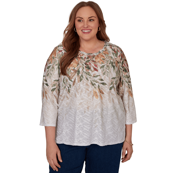 Plus Size Alfred Dunner Classics 3/4 Sleeve Autumn Leaves Blouse - image 