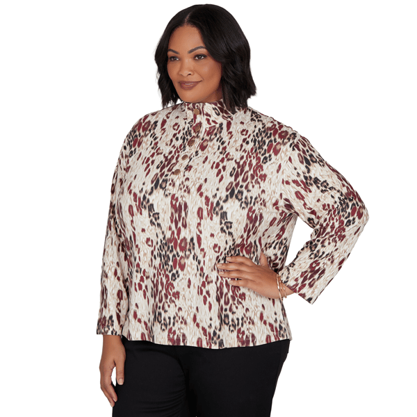 Plus Size Emaline Country Code Mock Neck Leopard Blouse