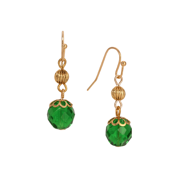 1928 Gold-Tone Green Fire Glass & Gold Bead Drop Earrings - image 