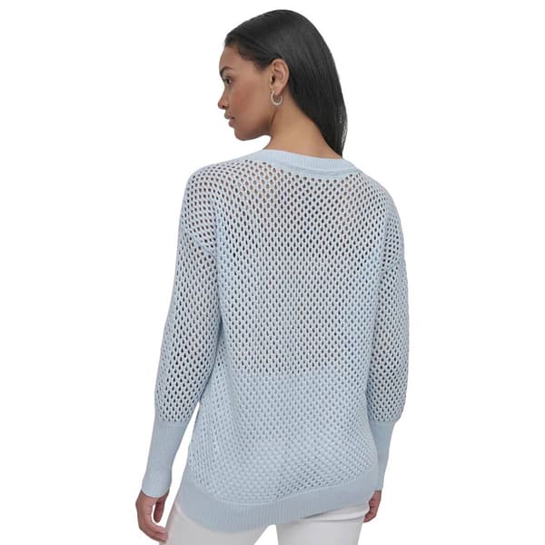 Womens DKNY Long Sleeve V-Neck Open Stitch Pointelle Sweater