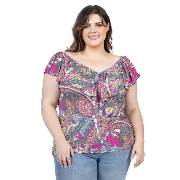 Plus Size 24/7 Comfort Apparel Paisley Ruffle V-Neck Blouse