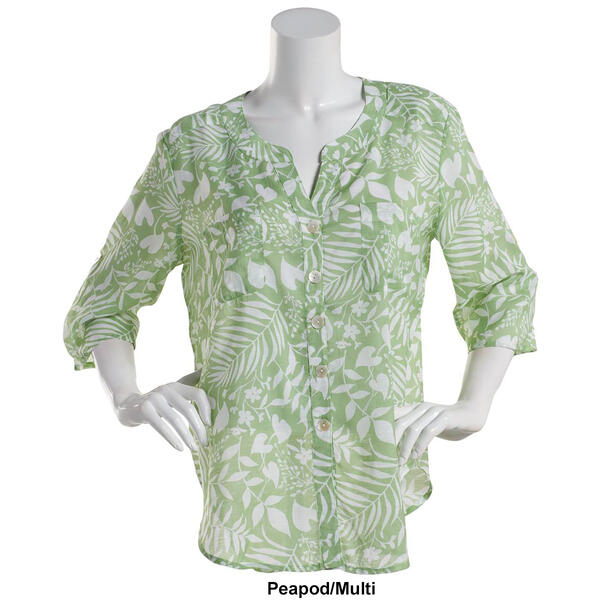 Womens Preswick & Moore Elbow Sleeve Leafy Print Button Front Top