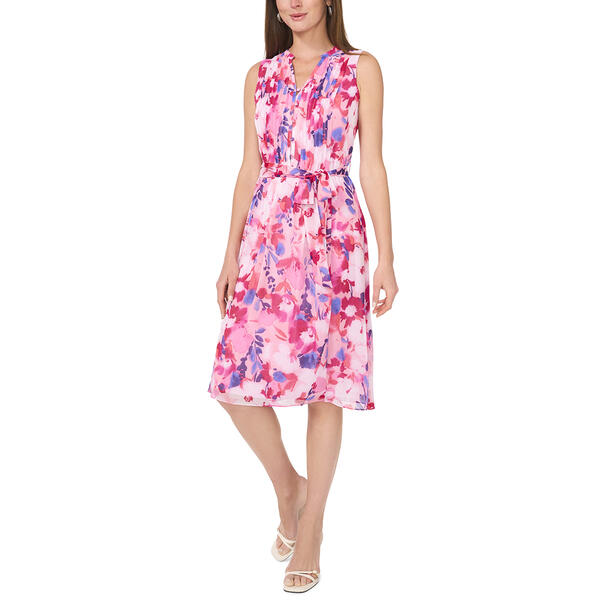 Petite MSK Sleeveless Pintuck Floral Chiffon A-Line Dress - image 