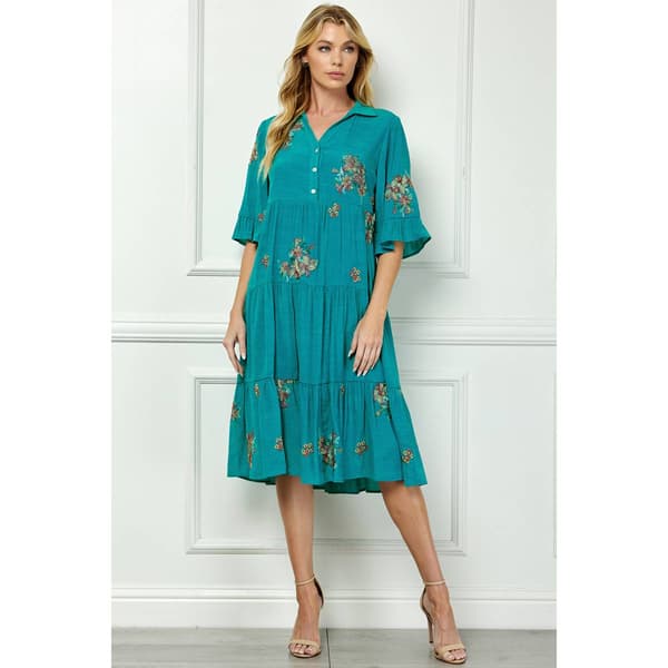 Womens Figueroa & Flower Elbow Sleeve Embroidered Tier Dress