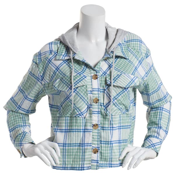 Juniors No Comment Linux Flannel Plaid Button Front Hoodie Jacket - image 