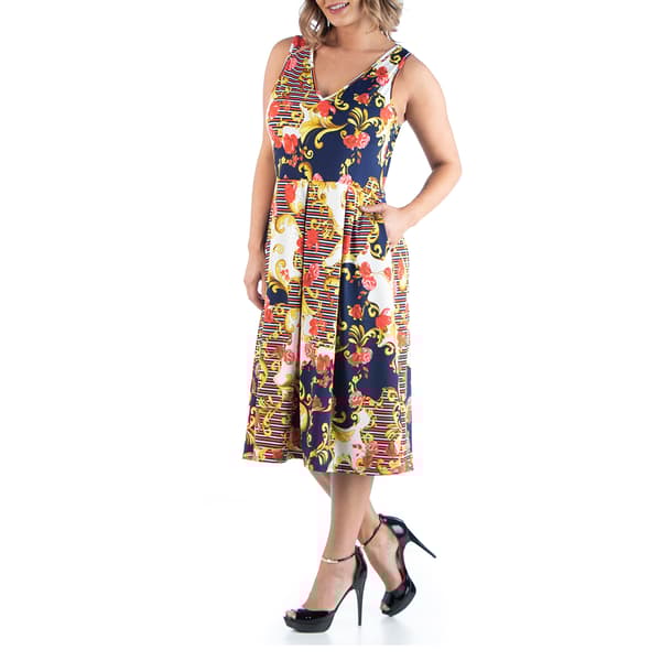 Plus Size 24/7 Comfort Apparel Floral Stripe Fit & Flare Dress