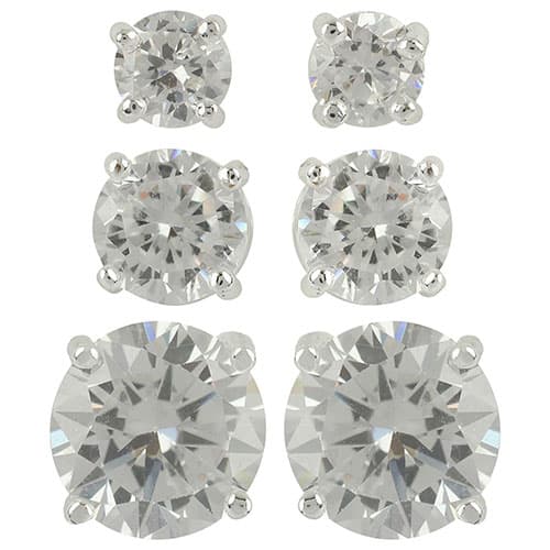 Silver-Tone Round Cubic Zirconia Earrings Trio Set - image 