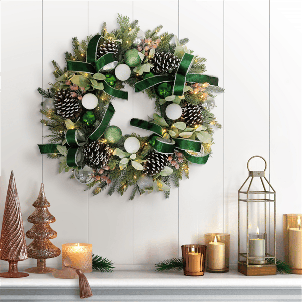 Puleo International Pre-Lit White& Green Adorned Christmas Wreath
