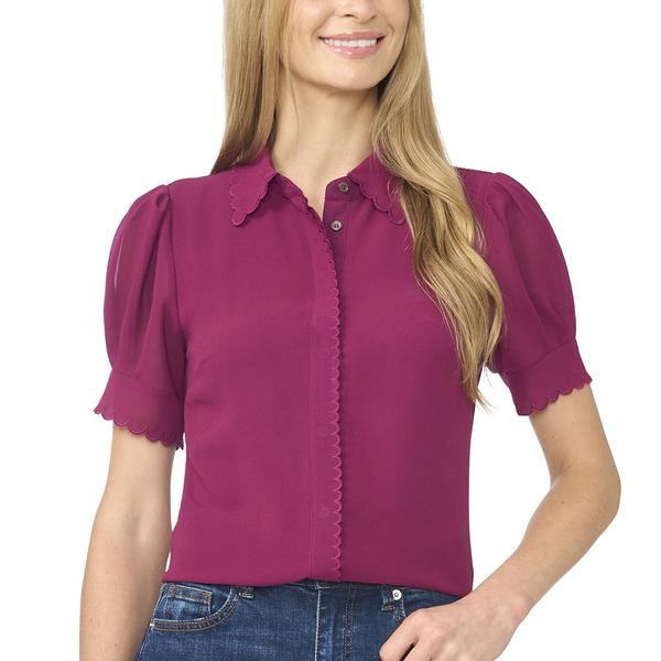 Womens Cece Puff Crochet Sleeve Scallop Edges Button Down - image 