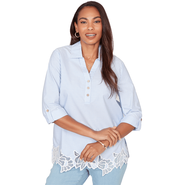Womens Ruby Rd. French Riviera Coastal Stripe Lace Hem Blouse - image 