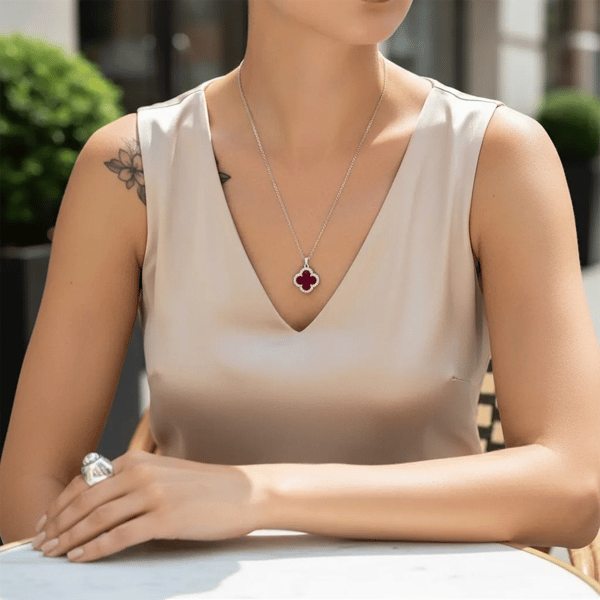 Saffron Red Clover Pendant with Moissanite Diamond Halo Necklace