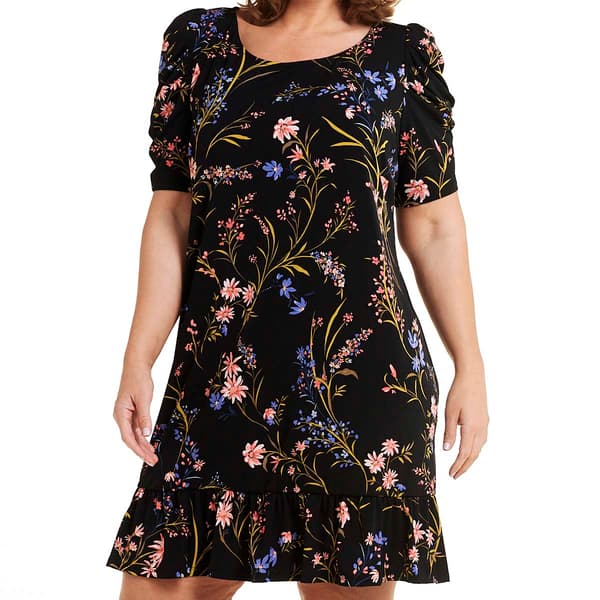 Plus Size MSK Puff Elbow Sleeve Round Neck Floral Shift Dress