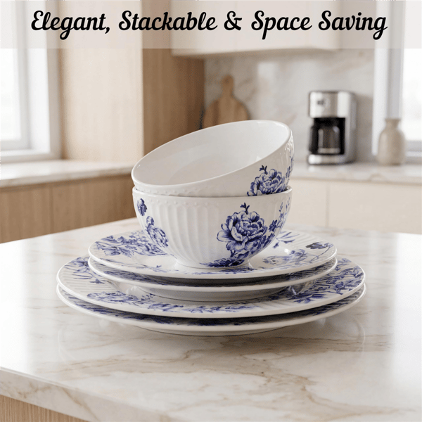 222 Fifth Cassian Embossed Toile Blue 12pc. Dinnerware Set