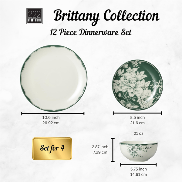 222 Fifth Brittany Stoneware Dinnerware Set 12pc. Sage Floral