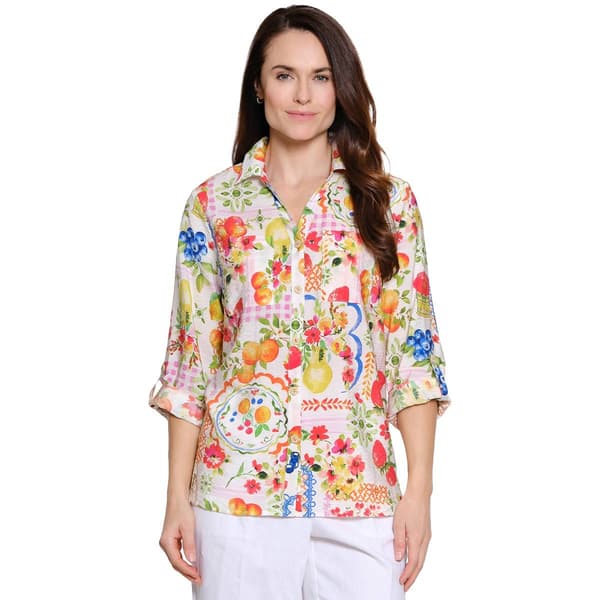 Plus Size Ali Miles Roll Tab Sleeve Picnic Button Front Blouse