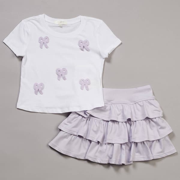 Girls (7-16) No Comment Short Sleeve Bow Tee w/ Tiered Skort Set - image 