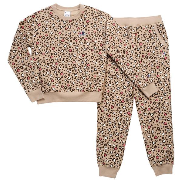 Girls (7-16) Champion(R) Fleece Lined Leopard Crew & Joggers Set