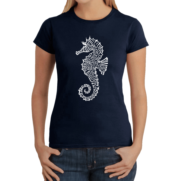 Womens LA Pop Art Types Of Seahorse Word Art T-Shirt