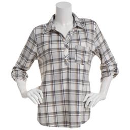 Petite  Emily Daniels 3/4 Sleeve Plaid Hacci Blouse - Grey/Ivory