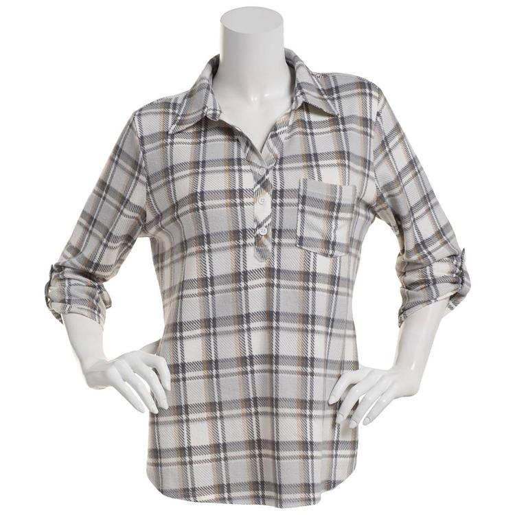 Petite  Emily Daniels 3/4 Sleeve Plaid Hacci Blouse - Grey/Ivory