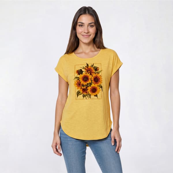 Womens Tru Self Short Sleeve Dolman Double Sunflower Floral Tee - image 