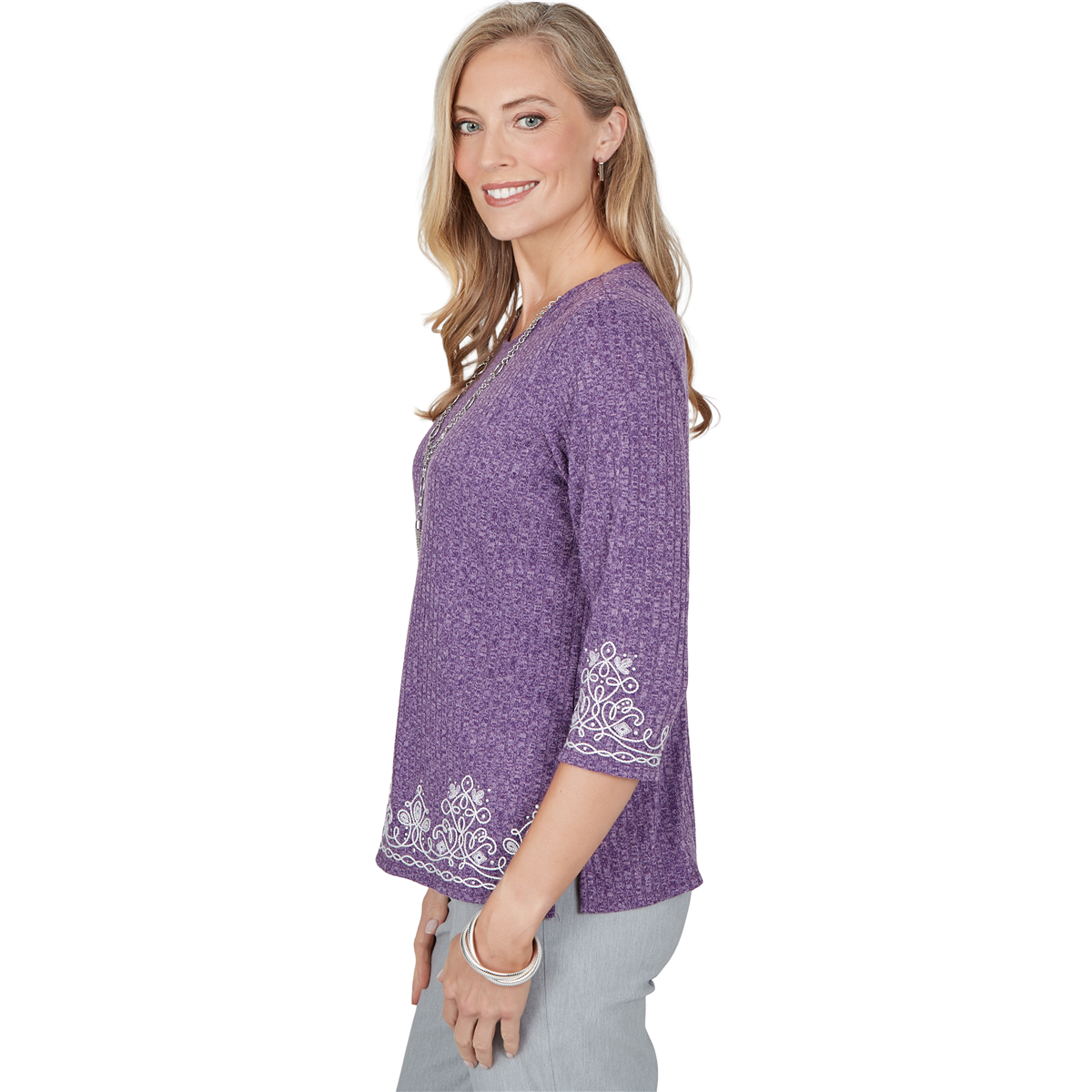 Petite Alfred Dunner Vail 3/4 Sleeve Soutache Border Sweater