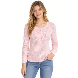 Juniors Pink Rose Polka Dot Rib Long Sleeve Button Up Henley Top