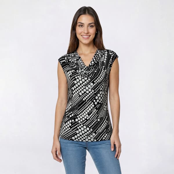 Petite Kasper Cap Sleeve Cowl Neck Linear Polka Dot Blouse - image 