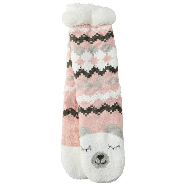 Womens Fuzzy Babba Long Cozy Pink Bear Slipper Socks - image 