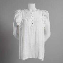 Womens Philosophy Embroidered Ruffle Sleeve Henley Top