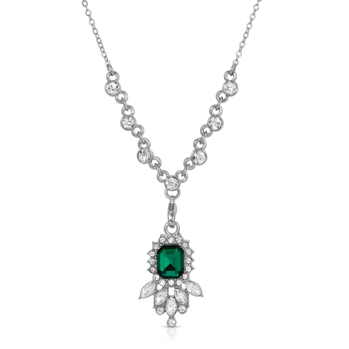1928 Silver Tone Green & Crystal Y-Necklace