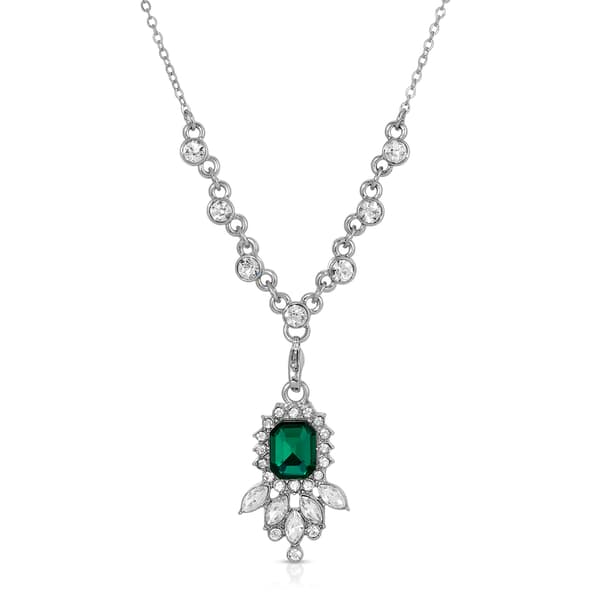 1928 Silver Tone Green & Crystal Y-Necklace - image 