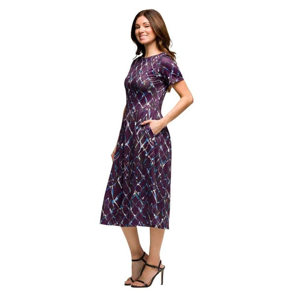 Women 24/7 Comfort Apparel Purple Pleated Flare Midi Pocket Dress